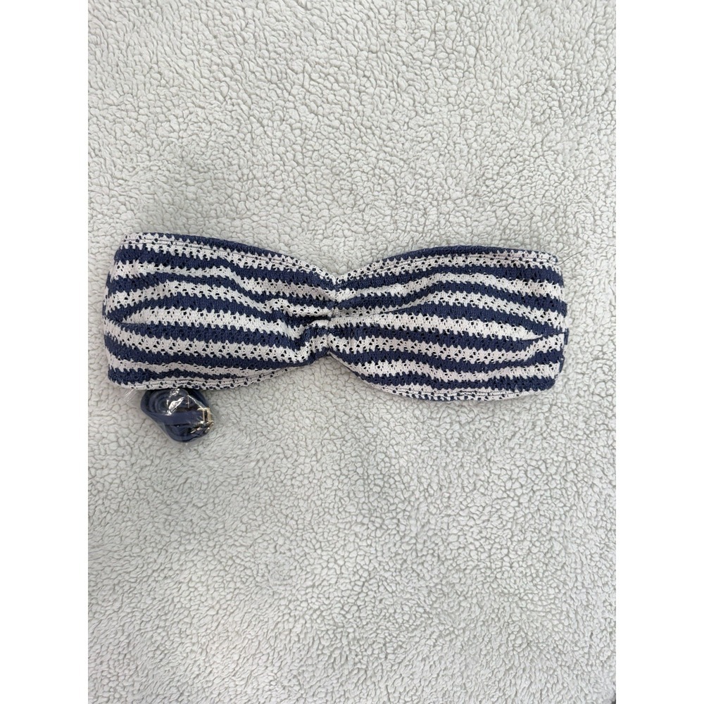 Hollister Bandeau Bikini Top XL Blue White Striped Crochet Textured Swim Top